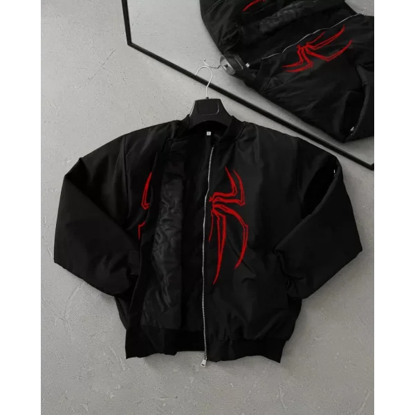 Örümcek Desenli Siyah Bomber Mont – Unisex Kullanıma Uygun, Fermuarlı Cepli, Kapitone Astarlı, Bahar Kış Günlük Giyim İçin Moda Ceket Modeli - Siyah