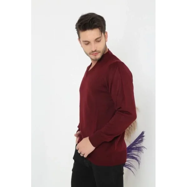 Unisex Uzun Kol V Yaka Triko Kazak - Bordo