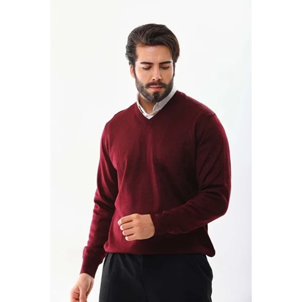 Unisex Uzun Kol V Yaka Triko Kazak - Bordo