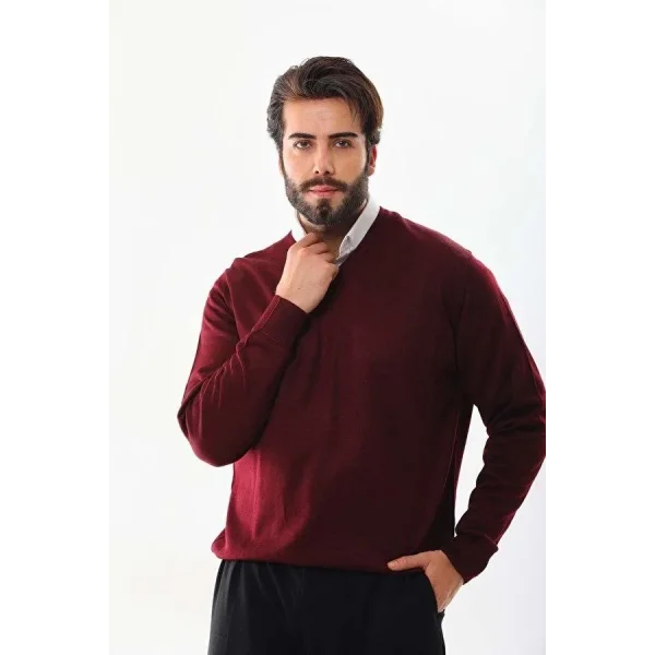Unisex Uzun Kol V Yaka Triko Kazak - Bordo