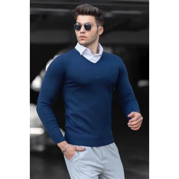 Unisex Uzun Kol V Yaka Triko Kazak - Indigo