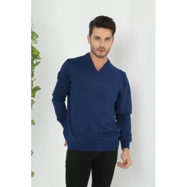 Unisex Uzun Kol V Yaka Triko Kazak - Indigo