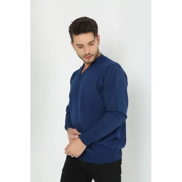 Unisex Uzun Kol V Yaka Triko Kazak - Indigo