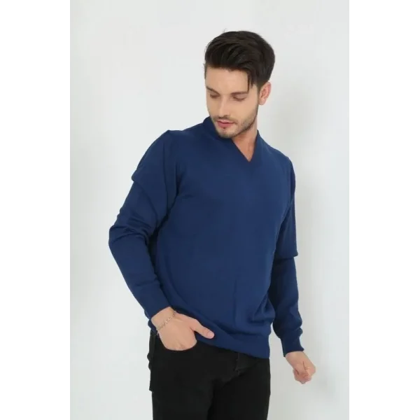Unisex Uzun Kol V Yaka Triko Kazak - Indigo