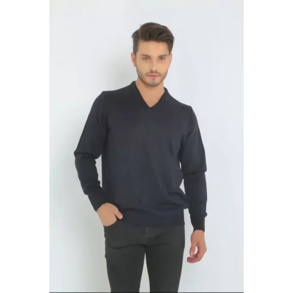 Unisex Uzun Kol V Yaka Triko Kazak - Lacivert