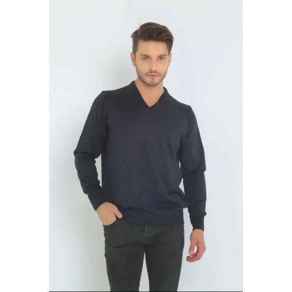 Unisex Uzun Kol V Yaka Triko Kazak - Lacivert