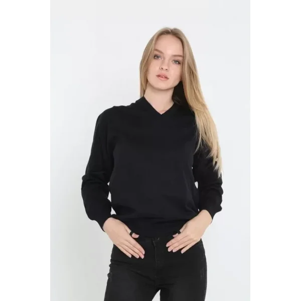 Unisex Uzun Kol V Yaka Triko Kazak  Siyah