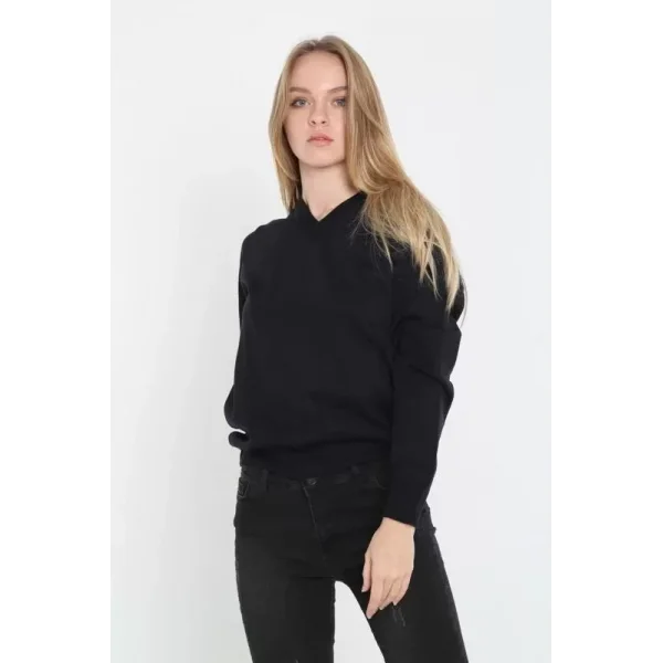 Unisex Uzun Kol V Yaka Triko Kazak  Siyah