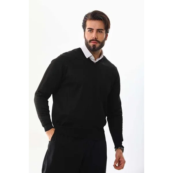 Unisex Uzun Kol V Yaka Triko Kazak - Siyah