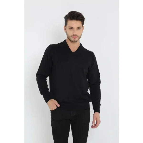 Unisex Uzun Kol V Yaka Triko Kazak - Siyah