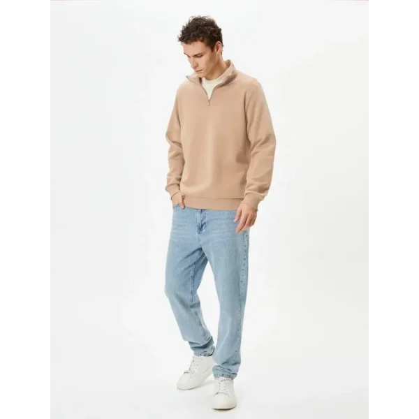 Unisex Uzun Kol Yarım Farmuarlı Yakalı Basic SweatShirt - Bej