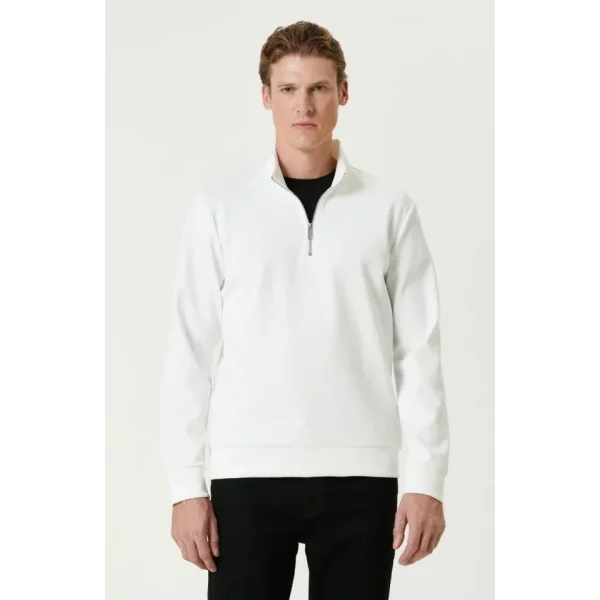 Unisex Uzun Kol Yarım Farmuarlı Yakalı Basic SweatShirt - Beyaz