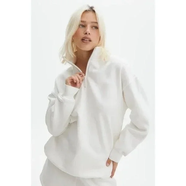 Unisex Uzun Kol Yarım Farmuarlı Yakalı Basic SweatShirt - Beyaz