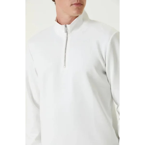 Unisex Uzun Kol Yarım Farmuarlı Yakalı Basic SweatShirt - Beyaz