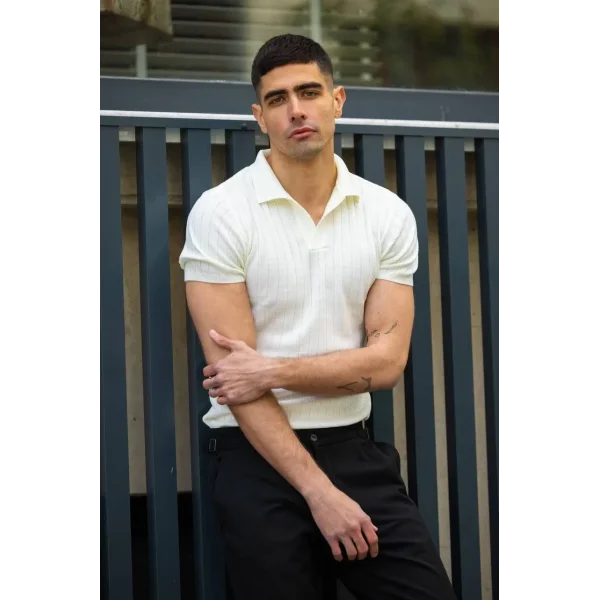 Unisex V Yakalı Triko T-Shirt - Beyaz