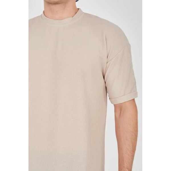 Unisex Waffle Kumaş Rahat Kol T-Shirt - Bej