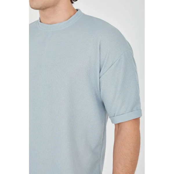 Unisex Waffle Kumaş Rahat Kol T-Shirt - Buz Mavisi