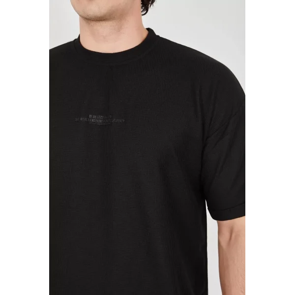 Unisex Waffle Kumaş Rahat Kol T-Shirt - Siyah