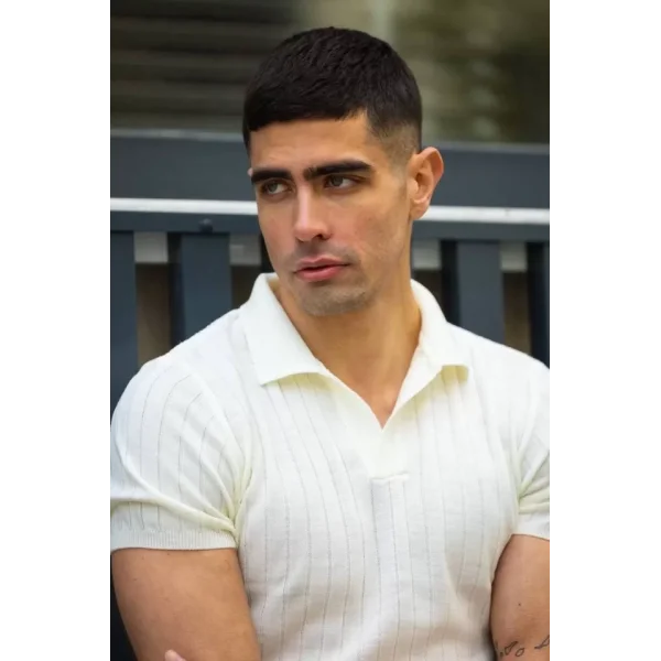 Unisex Yakalı Triko T-Shirt - Beyaz