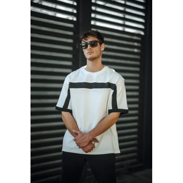 Unisex Yandan Fermuarlı Parçalı T-Shirt - Beyaz