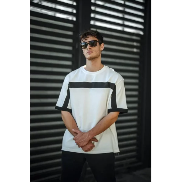 Unisex Yandan Fermuarlı Parçalı T-Shirt - Beyaz