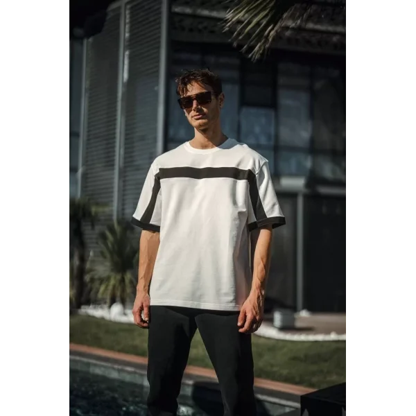 Unisex Yandan Fermuarlı Parçalı T-Shirt - Beyaz