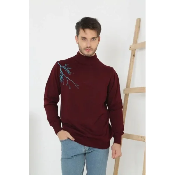 Unisex Yarım Boğazlı Baskılı Dokuma Triko - Bordo