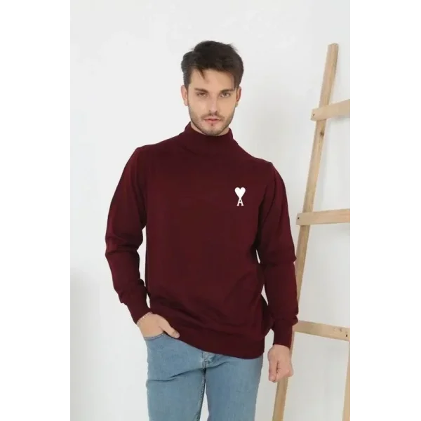 Unisex Yarım Boğazlı Baskılı Dokuma Triko - Bordo