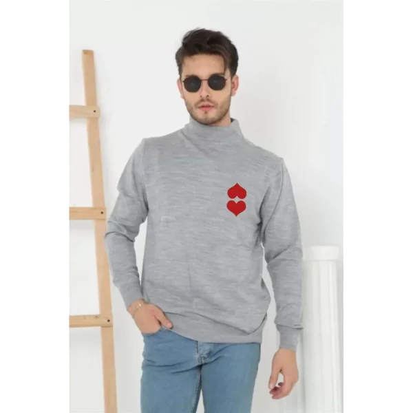 Unisex Yarım Boğazlı Baskılı Dokuma Triko - Gri