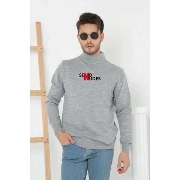 Unisex Yarım Boğazlı Baskılı Dokuma Triko - Gri