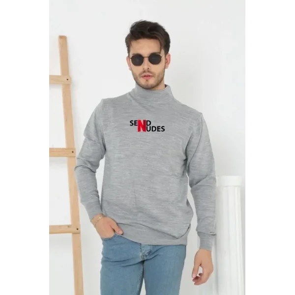 Unisex Yarım Boğazlı Baskılı Dokuma Triko - Gri