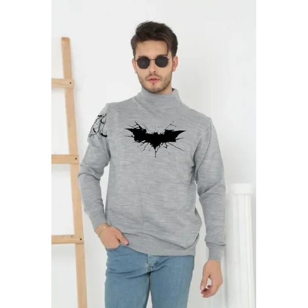 Unisex Yarım Boğazlı Baskılı Dokuma Triko -Gri