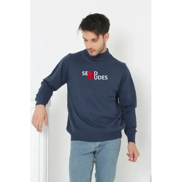 Unisex Yarım Boğazlı Baskılı Dokuma Triko - Indigo