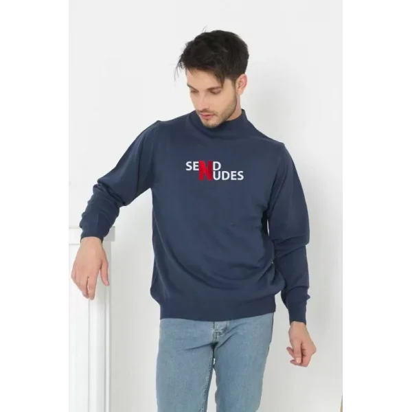 Unisex Yarım Boğazlı Baskılı Dokuma Triko - Indigo