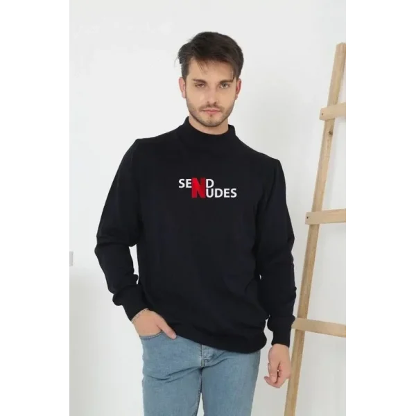 Unisex Yarım Boğazlı Baskılı Dokuma Triko - Siyah