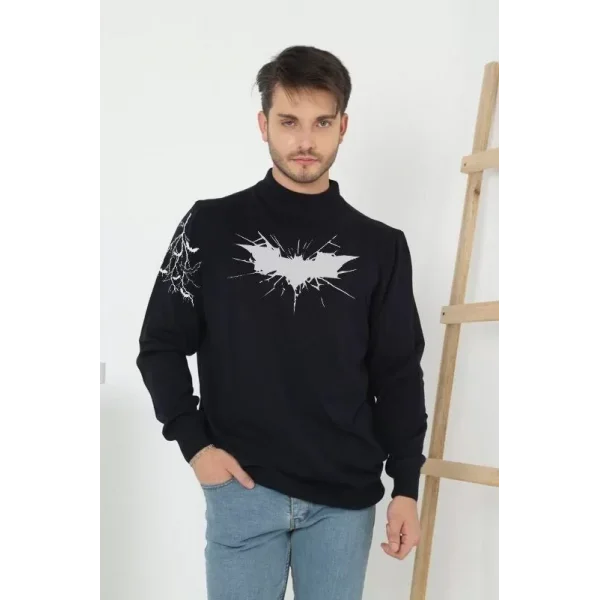 Unisex Yarım Boğazlı Baskılı Dokuma Triko - Siyah