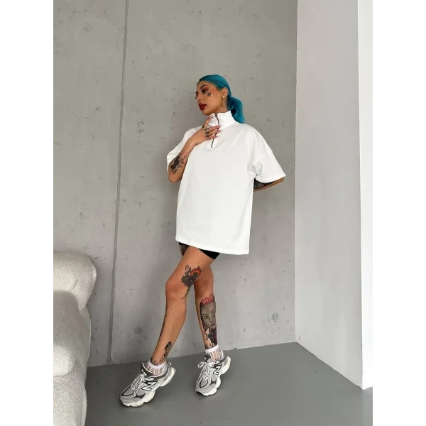 Unisex Yarım Fermuarlı Basic T-Shirt - Beyaz