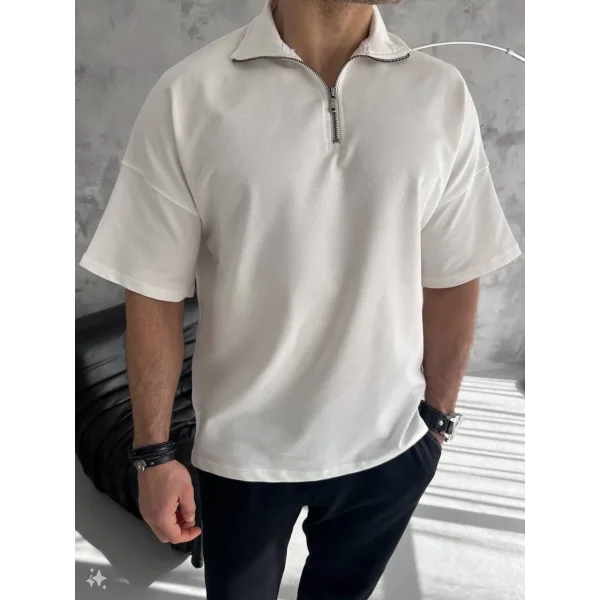 Unisex Yarım Fermuarlı Basic T-Shirt - Beyaz
