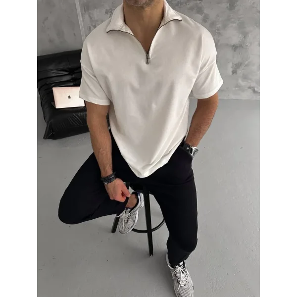 Unisex Yarım Fermuarlı Basic T-Shirt - Beyaz