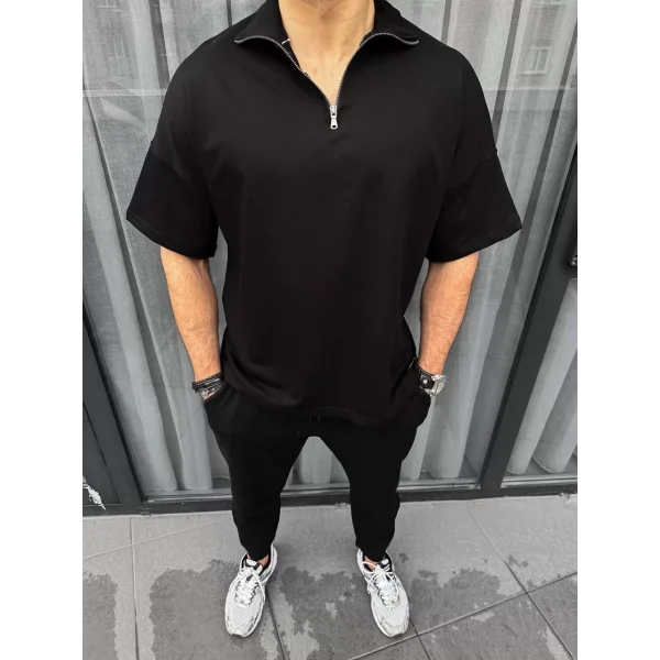 Unisex Yarım Fermuarlı Basic T-Shirt - Siyah