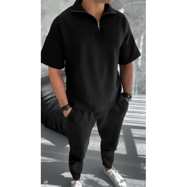 Unisex Yarım Fermuarlı Basic T-Shirt - Siyah