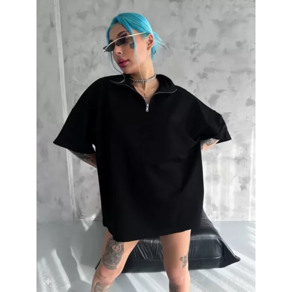 Unisex Yarım Fermuarlı Basic Thirt  iyah