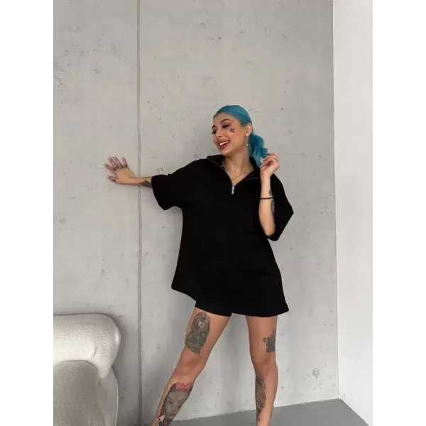 Unisex Yarım Fermuarlı Basic Thirt  iyah