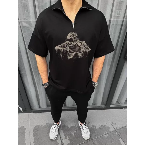 Unisex Yarım Fermuarlı Baskılı Oversize T-Shirt - Siyah