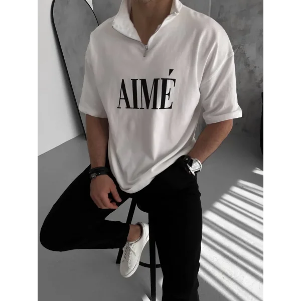 Unisex Yarım Fermuarlı Baskılı T-Shirt - Beyaz