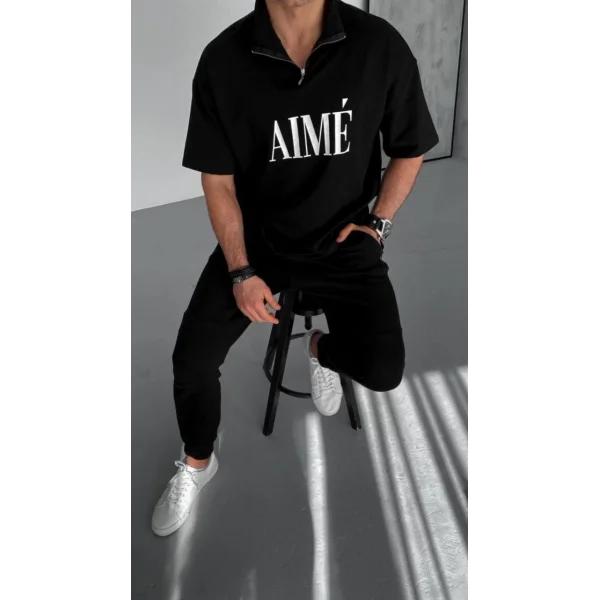 Unisex Yarım Fermuarlı Baskılı T-Shirt - Siyah