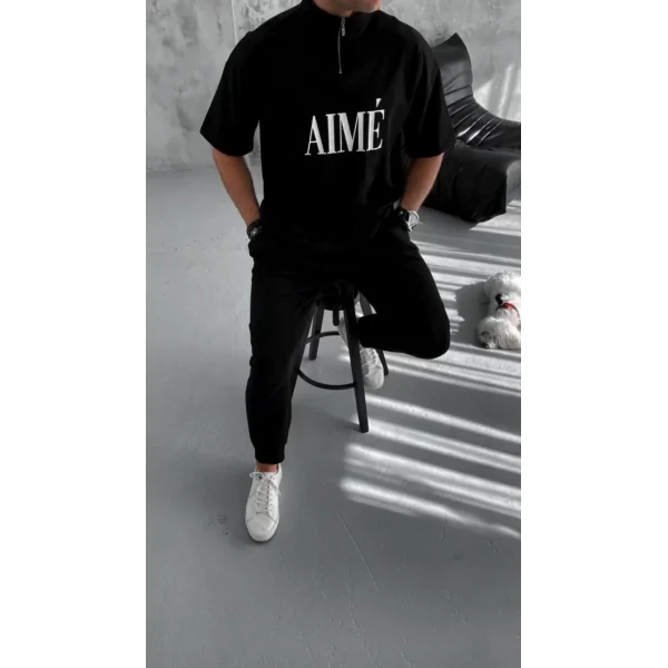 Unisex Yarım Fermuarlı Baskılı T-Shirt - Siyah