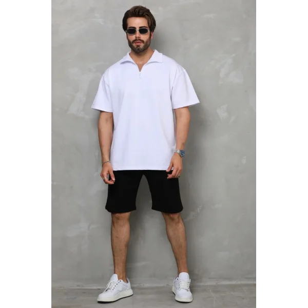 Unisex Yarım Fermuarlı Düz Oversize T-shirt - Beyaz