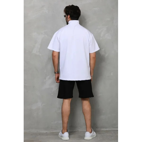 Unisex Yarım Fermuarlı Düz Oversize T-shirt - Beyaz