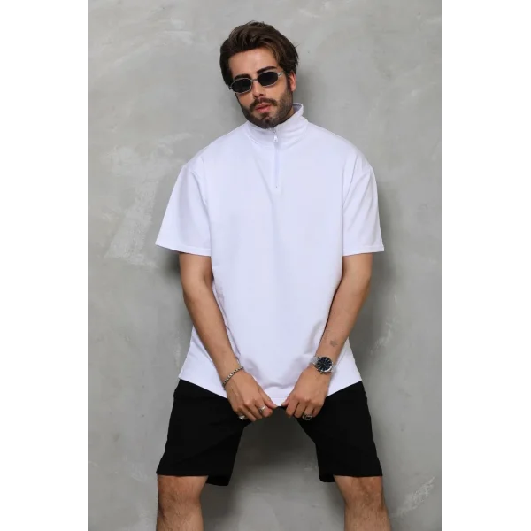 Unisex Yarım Fermuarlı Düz Oversize T-shirt - Beyaz